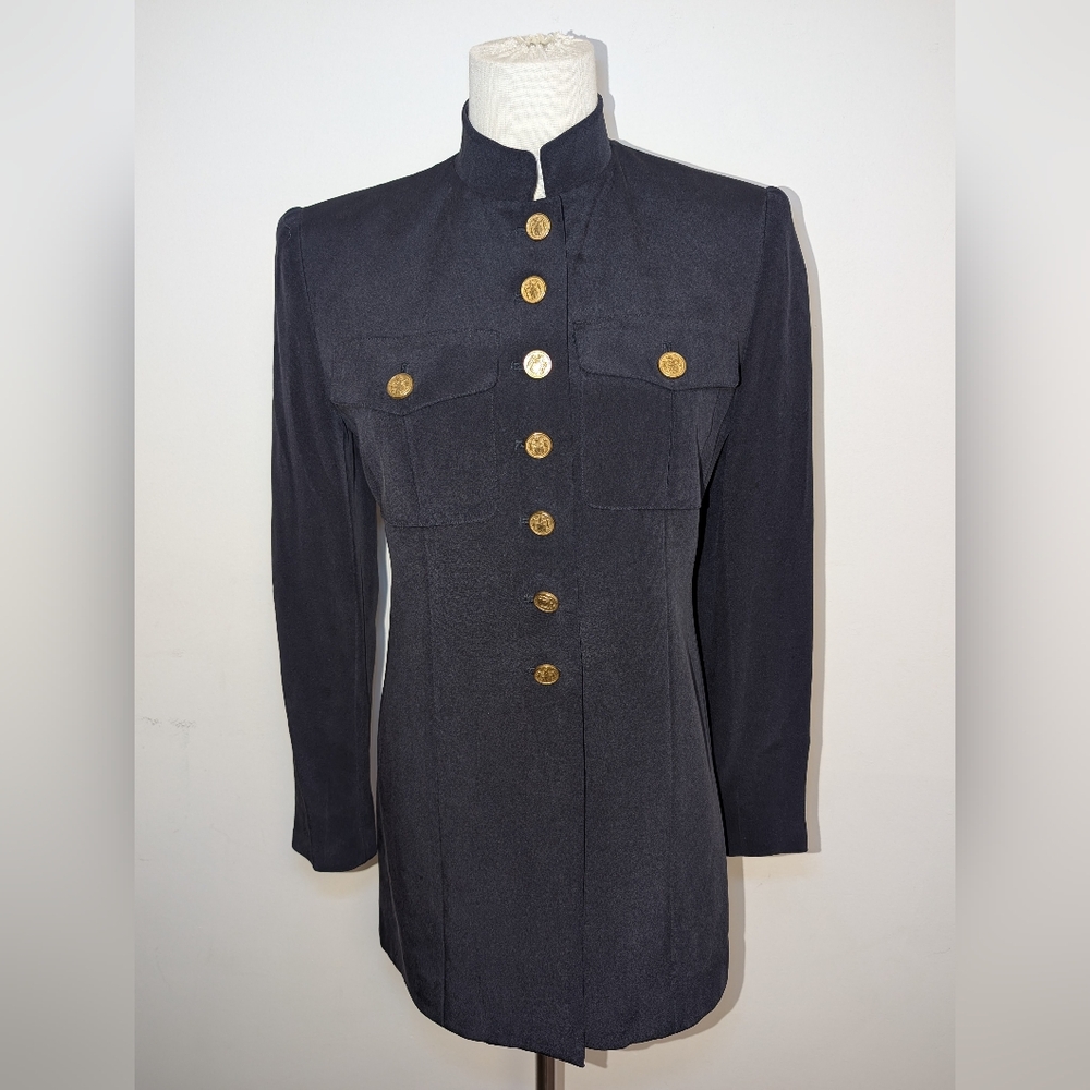Stunning Vintage Navy 100% Silk Military Style Jacket With Gold Buttons